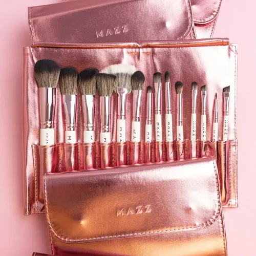 Set 14 Brochas y Pinceles Mazz Make Up con Estuche Imantado Rosa