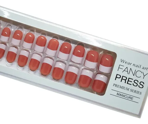 Uñas Postizas Press On Diswald & Co Fancy Press Cuadradas de Color Coral y Blanco