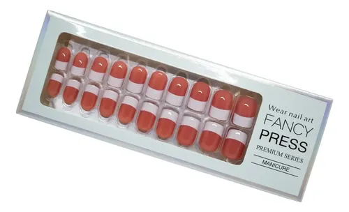 Uñas Postizas Press On Diswald & Co Fancy Press Cuadradas de Color Coral y Blanco