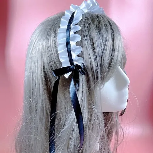 Diadema Plisada Con Lazo Para Mujer, Accesorio De Cosplay Pa White And Black