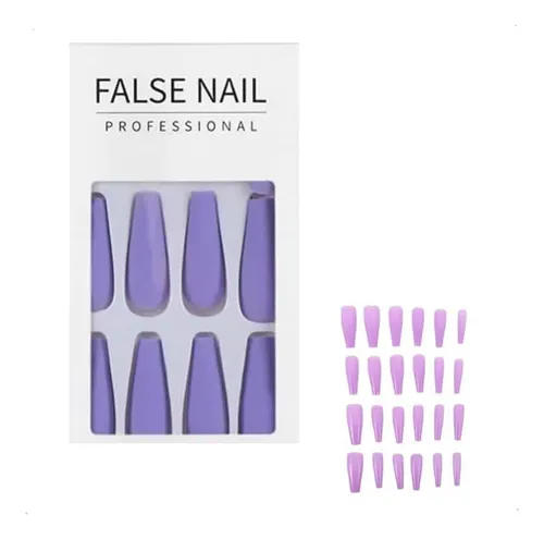 Uñas Postizas Brillantes Elisabeth&Co Coffin Violeta Esculpidas 24 Piezas Con Pegamento