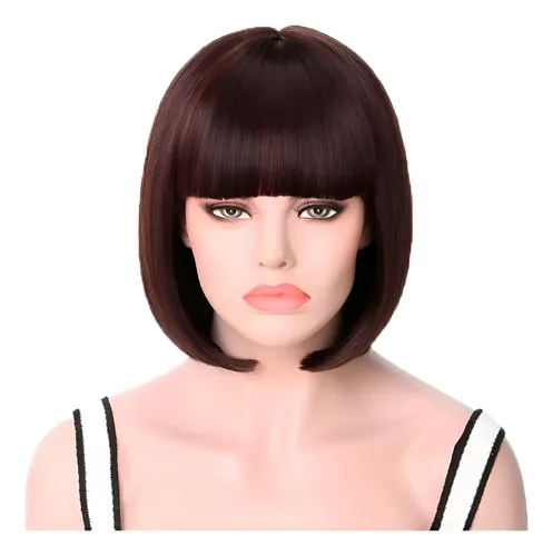 Peluca Corta Bob Simil Natural Castaño Flequillo Oncológica