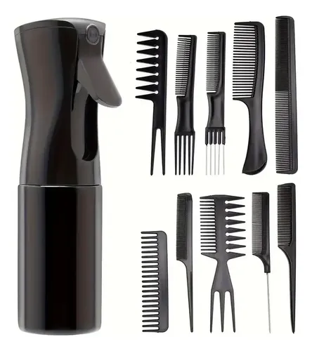 Set Peines Peluquería X10 Con Pulverizador Negro