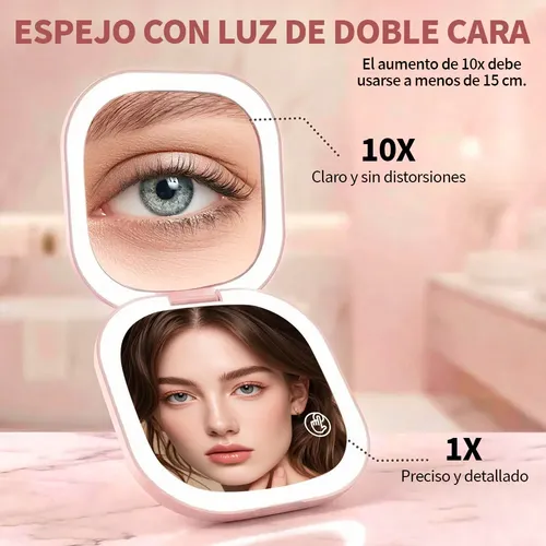 Espejo Maquillaje Portátil Led Aumento 10x Usb Recargable