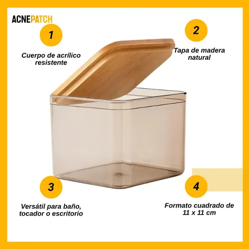 Caja Organizadora Acrílica Con Tapa Bambú Cuadrada 11×11