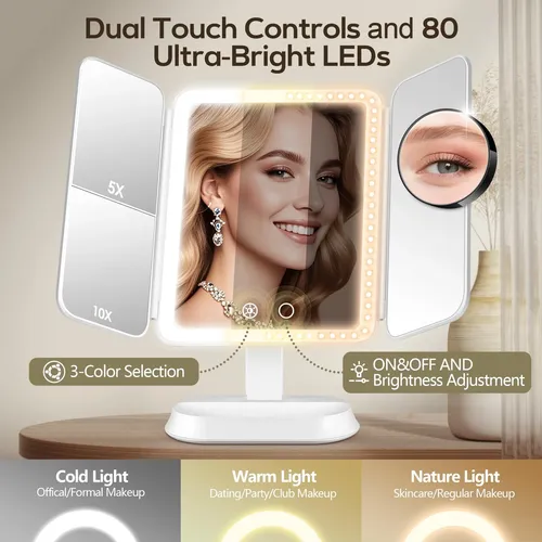 Espejo De Maquillaje Iluminado Gomipuru Con Aumento 30x/10x/