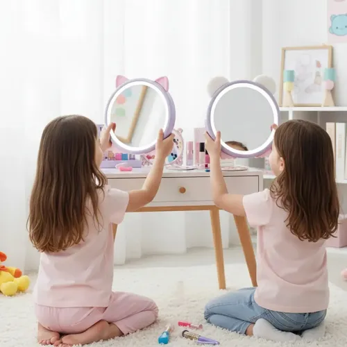 Espejo De Maquillaje Pie Luz Led Osito Niñas