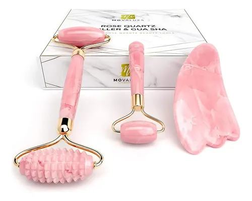 Set de Rodillo Facial y Gua Sha de Cuarzo Rosa Movalues para Cuidado de la Piel