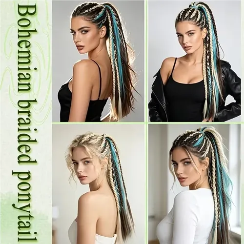 Coleta De Pelo Sintético Azul Bohemio 50cm Para Mujer