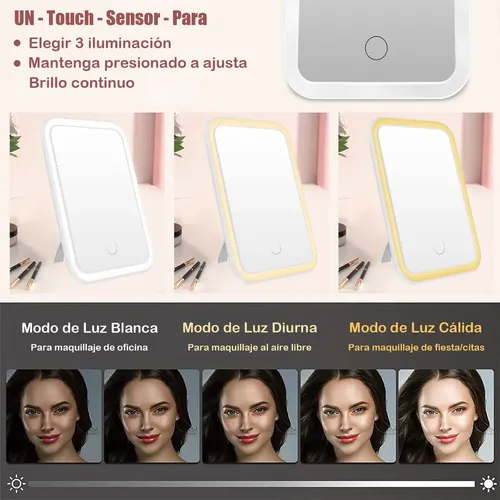 Espejo De Maquillaje Led De 3 Niveles Recargable Usb
