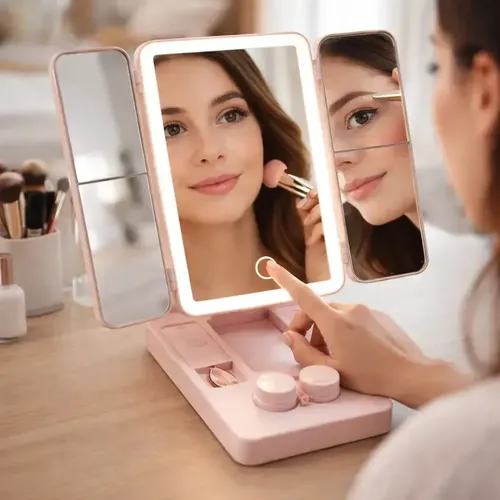 Espejo P/ Maquillaje C/ Porta Lentillas Led 3 Modos Usb Recargable Luz Ajustable Tocador Cosmética Portátil Diseño Moderno