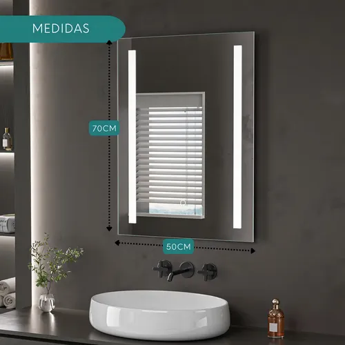 Espejo Digital Kitchen West Luz LED Táctil 70x50cm Rectangular Baño Pared