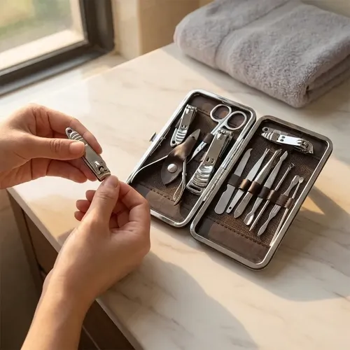 Set Manicura Pedicura 12 Piezas Acero Estuche Marrón