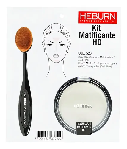 Kit Maquillaje Compacto Matificante HD Heburn Cod 526 con Brocha Rostro