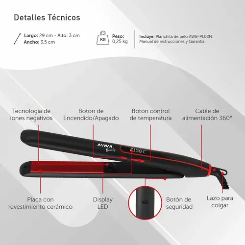 Planchita De Pelo Aiwa Beauty 55w Placas Cerámicas 5 Niveles Color Negro
