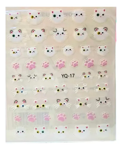 Stickers Uñas Gatito Pack X6 Planchas Nail Art Cute Japonés
