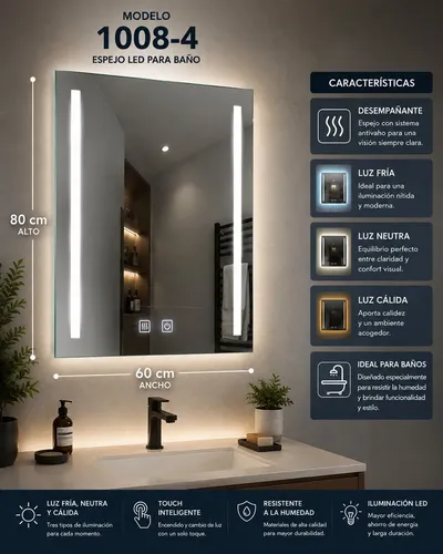 Espejo Desempañado Vertical Luz Led 60x80cm Boton Touch Baño