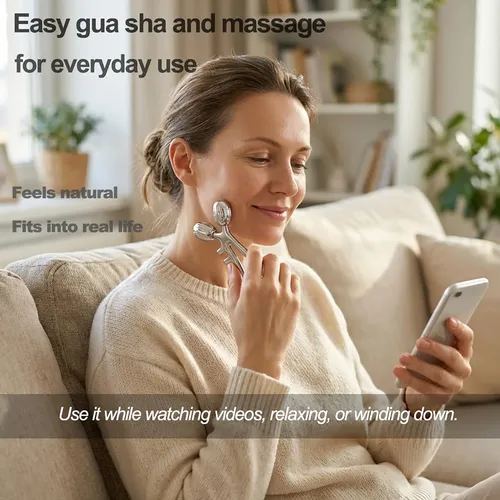 Set Masajeador Facial Yeamon Rodillo Y Gua Sha Acero Plata