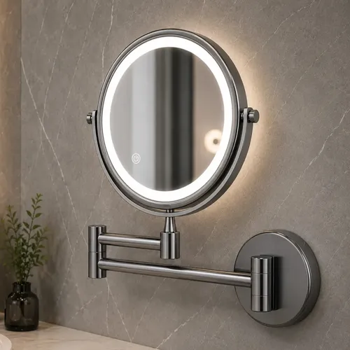 Espejo LED Para Baño Y Maquillaje Aumento 3X Recargable USB Brazo Doble Extensible Giratorio PatiosCrafts Luz Regulable Táctil Instalación Sin Agujeros – Color Gris