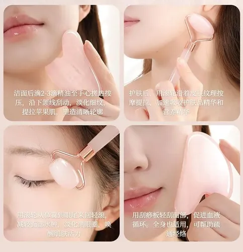 Set Rodillo Facial Y Gua Sha Rosa Para Masaje Y Circulación