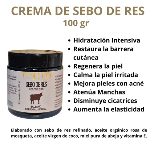 Crema De Sebo De Res Con Miel Pura. Cicatrices Dermatitis