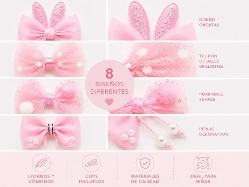 Set X8 Moños Para Nenas Con Broche Hebillas Infantiles Rosa
