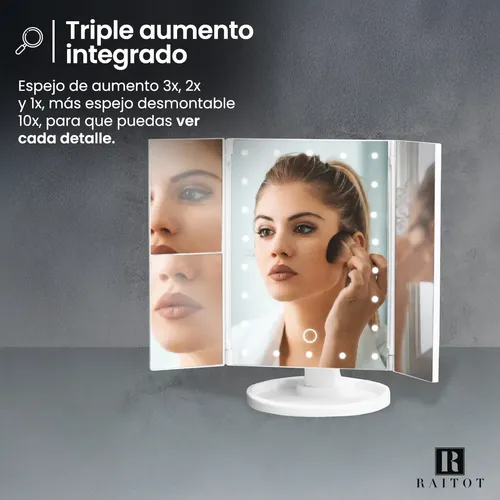 Espejo Aumento Luz Maquillaje Giratorio Tactil Touch Mesa Marco Blanco