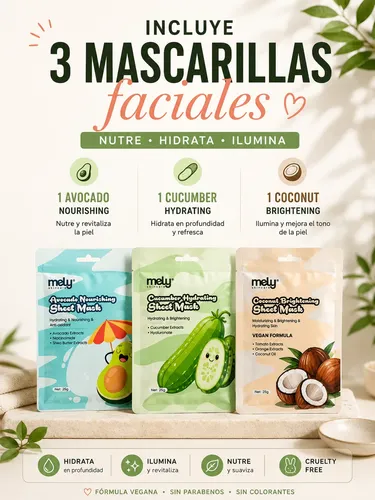 Kit X3 Mascarillas Faciales Mely Surtidas Hidratantes Nutrit