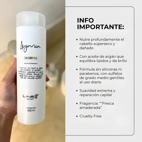 Shampoo a base Argán, Nutrición total para cabellos resecos, restaura el equilibrio natural y sella cutículas, producto profesional de Salon de Belleza x 500Mls ARGANIA de LineUp