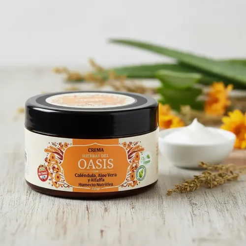Crema con Caléndula, Aloe Vera Y Alfalfa Hierbas del Oasis Humecto Nutritiva x 250gr Vegan Sin Parabenos