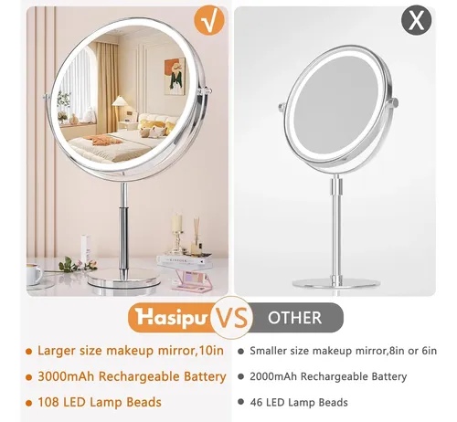 Espejo De Maquillaje Hasipu De 25 Cm Con Luz Y Aumento 10x,