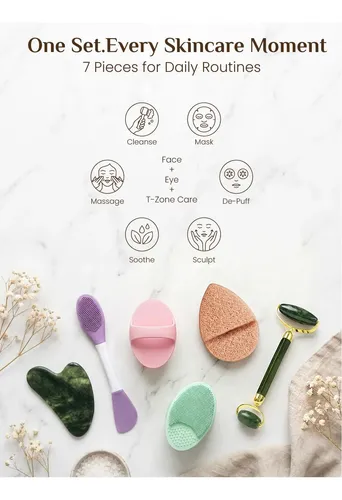 Kit Masajeador Facial Rena Chris Gua Sha Rodillo 7 Unidades
