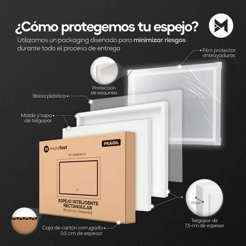 Espejo Luz Led Touch/Táctil Inteligente Baño Premium Desempañante Fría/Cálida/Neutra Rectangular Horizontal Moderno 80x60cm Esmerilado Regulación de Brillo
