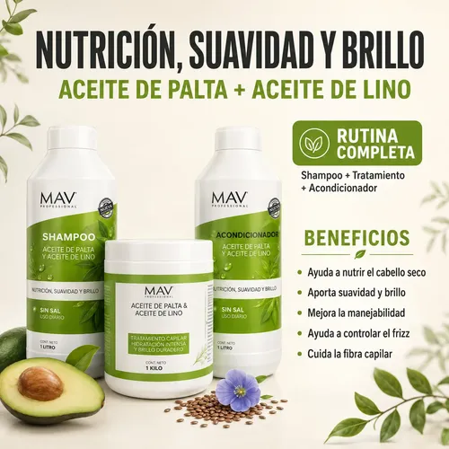 Shampoo Acondicionador Mascara Palta Lino Kit Grande Mav X3