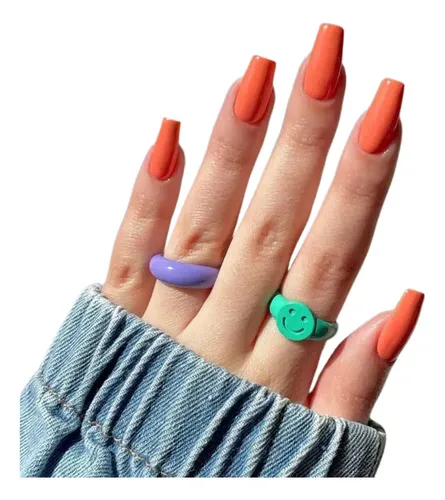 Uñas Press On Veluna Coffin Mediana 24u Reutilizables Naranja Coffin 24u