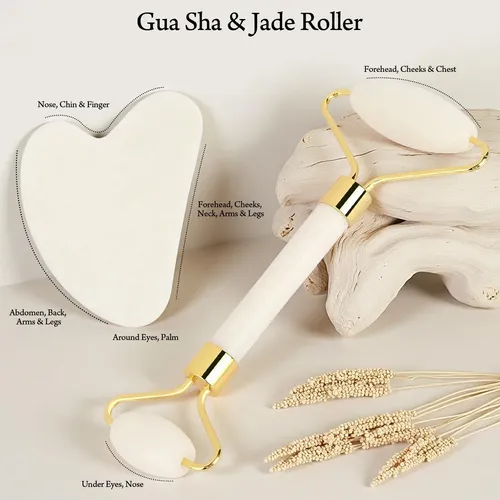 Set Masajeador Facial Gua Sha Rodillo Jade 4 Piezas Blanco