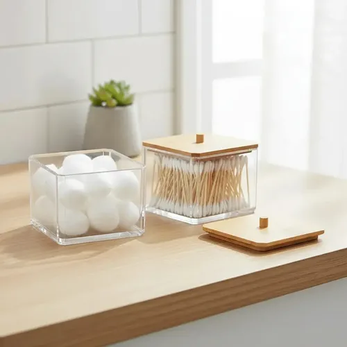 Organizador Maquillaje Acrílico Benabi Tapa Bambú Diseño Cuadrado