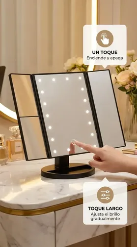 Espejo Mtl Tríptico Con Luz Led Iluminación Portátil Base Reforzada Ideal Maquillaje Profesional Rutinas Belleza Cuidado Facial Tocador Dormitorio Baño Negro Diseño Moderno Elegante Compacto Práctico