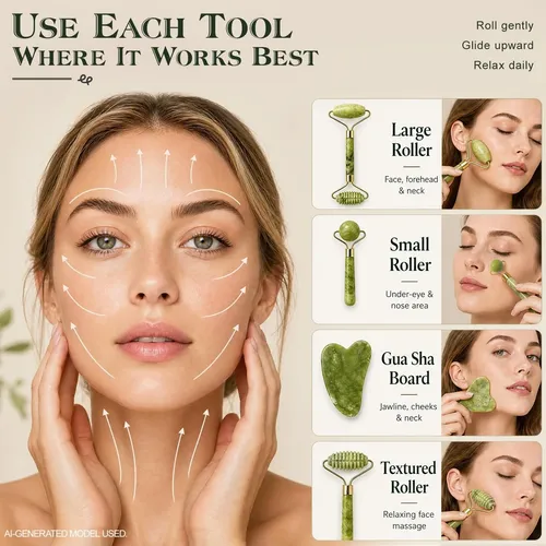 Set Masajeador Facial Jade Roller Gua Sha 3 Piezas Verde