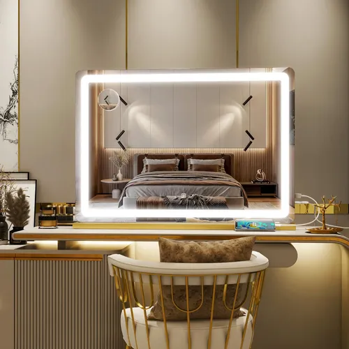 Espejo De Maquillaje Rolove 81x56cm Led Con Luz Dorado