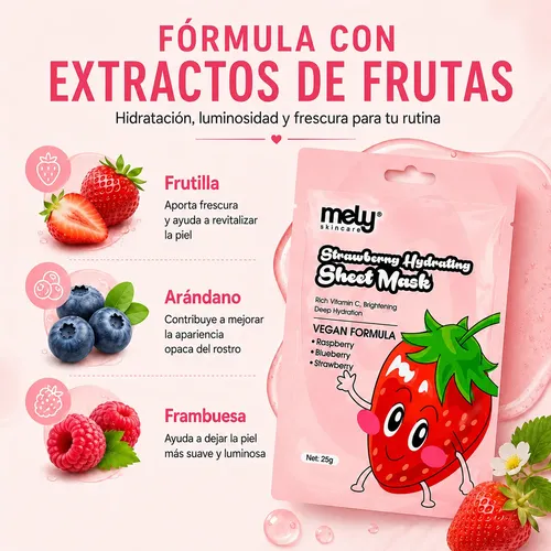 Kit X3 Mascarillas Faciales Mely Frutilla Hidratantes 25g