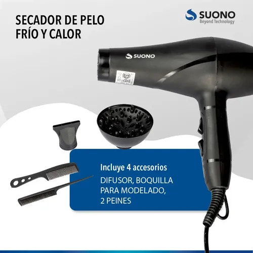 Secador De Pelo Suono Snpe-1003 2000w Frío Y Calor Negro