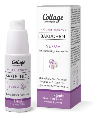 Serum Bakuchiol 30cc Niacinamida Vitami C Y E Aloe Collage Momento de aplicación Día/Noche Tipo de piel Sensible