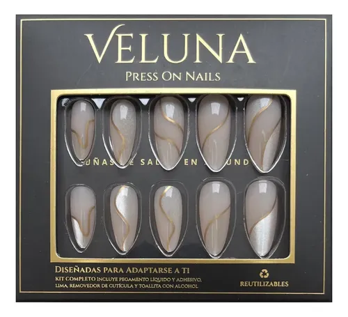 Uñas Postizas Press On Veluna Reutilizables Diseños Variados – Nude Gold Wave