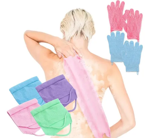 Set Exfoliante Baño 4 Piezas Con Guantes Y Mango