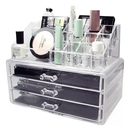 Organizador de Maquillaje de Acrílico Transparente con 3 Cajones y 19 Compartimentos