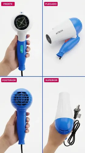 Secador De Cabello Plegable Azul Aitech Portatil Aire Frio Caliente Cuidado Personal Viaje Hogar Belleza Peluqueria Profesional Universal Liviano Practico Mango Plegable