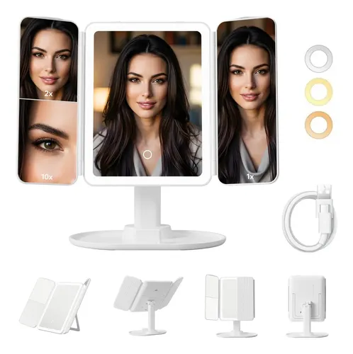 Espejo De Maquillaje Led Con 3 Espejos Plegables Y Luz C