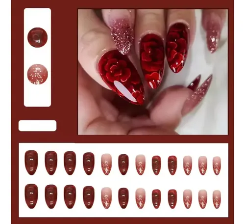 Uñas Press On Nails Veluna Reutilizables Diseños Variados Color Ruby Romance