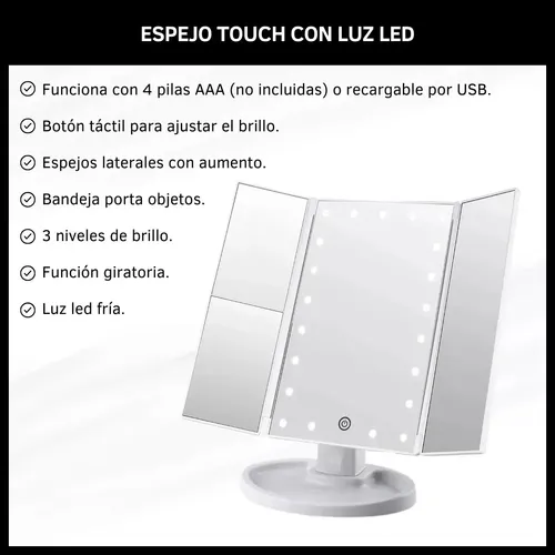 Espejo Tríptico Para Maquillaje Con Luz Led Y Aumento Usb !